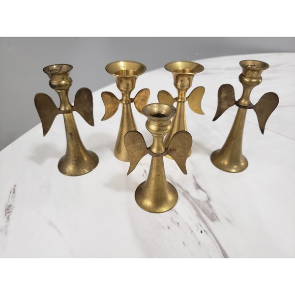 Vintage LOT Brass Angel Wing Candle Stick Holder Taper Candlestick Christmas MCM - Picture 2 of 8